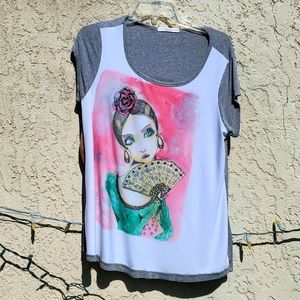 Short sleeve flamenco picture stretchy loose top